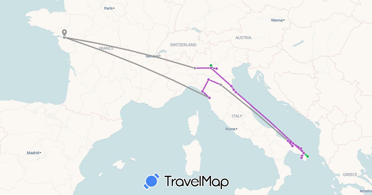 TravelMap itinerary: driving, bus, plane, train in France, Italy (Europe)
